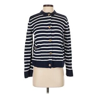 Zara Womens CardiganGold Button Nautical Preppy Sweater S Navy White Parisian‎ V